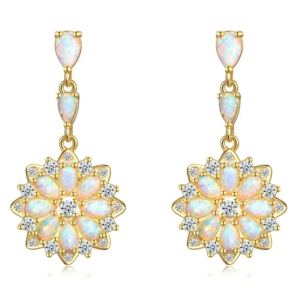 18K Yellow Gold 925 Sterling Silver with White Fire Opal and CZ Flower Earrings